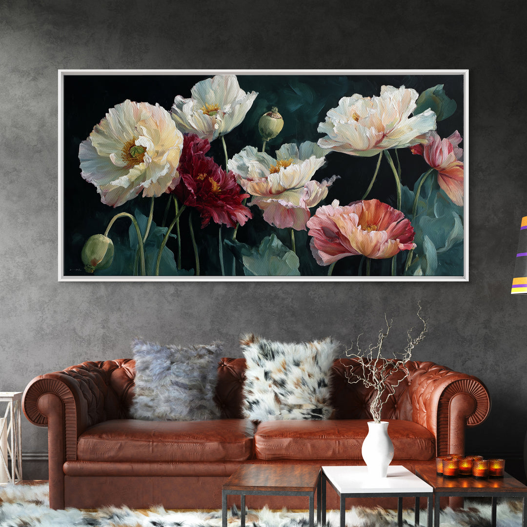 Poppy Field Botanical Study Framed Canvas Print, Botanical Art, Print, Living Room Decor, Watercolor Art, Botanic, BOT-2x1-13