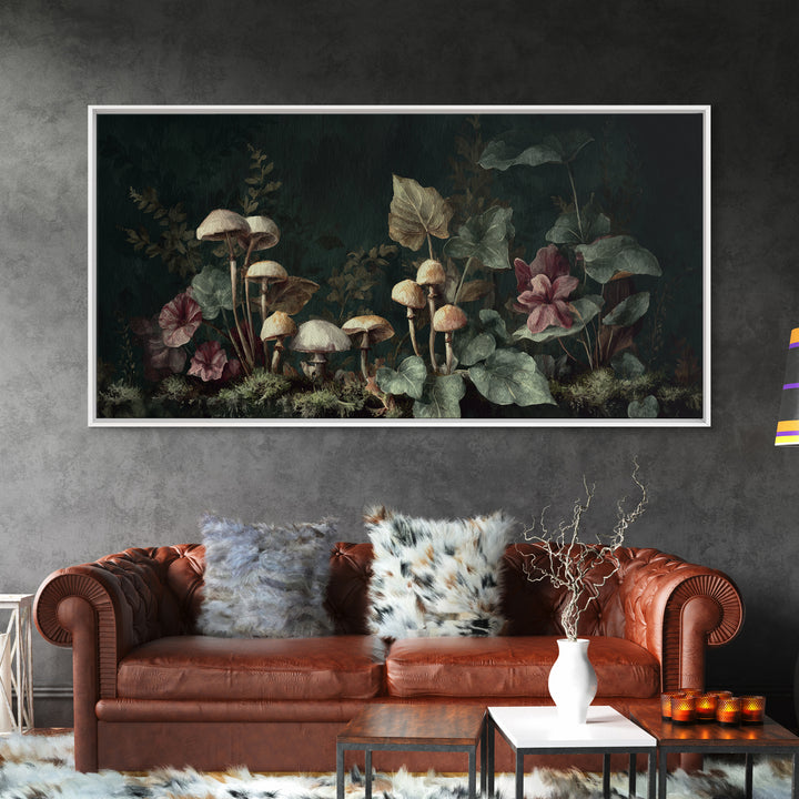 Mushrooms and Moss Botanical Field Study Framed Canvas Print, Botanical Art, Living Room Decor, Watercolor Art, Botanic, BOT-2x1-29