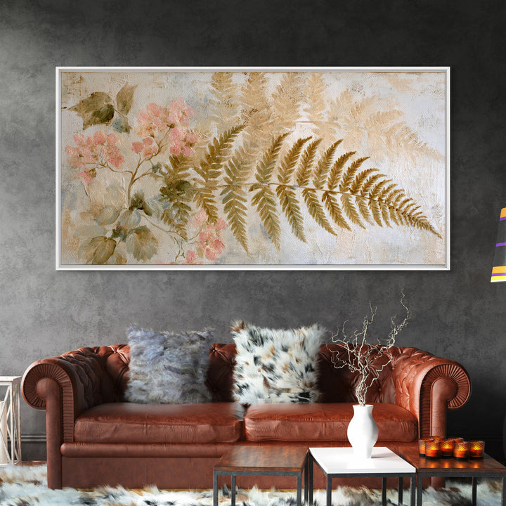Fern Shadow Pattern on Plaster Surface Framed Canvas Print, Botanical Art, Living Room Decor, Oil Painting, Botanic, BOT-2x1-43