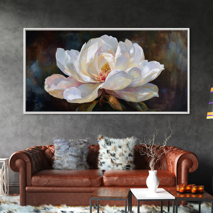 Dramatic White Magnolia on Dark Background Framed Canvas Print, Botanical Art, Art, Living Room Decor, Oil Painting, Botanic, BOT-2x1-50