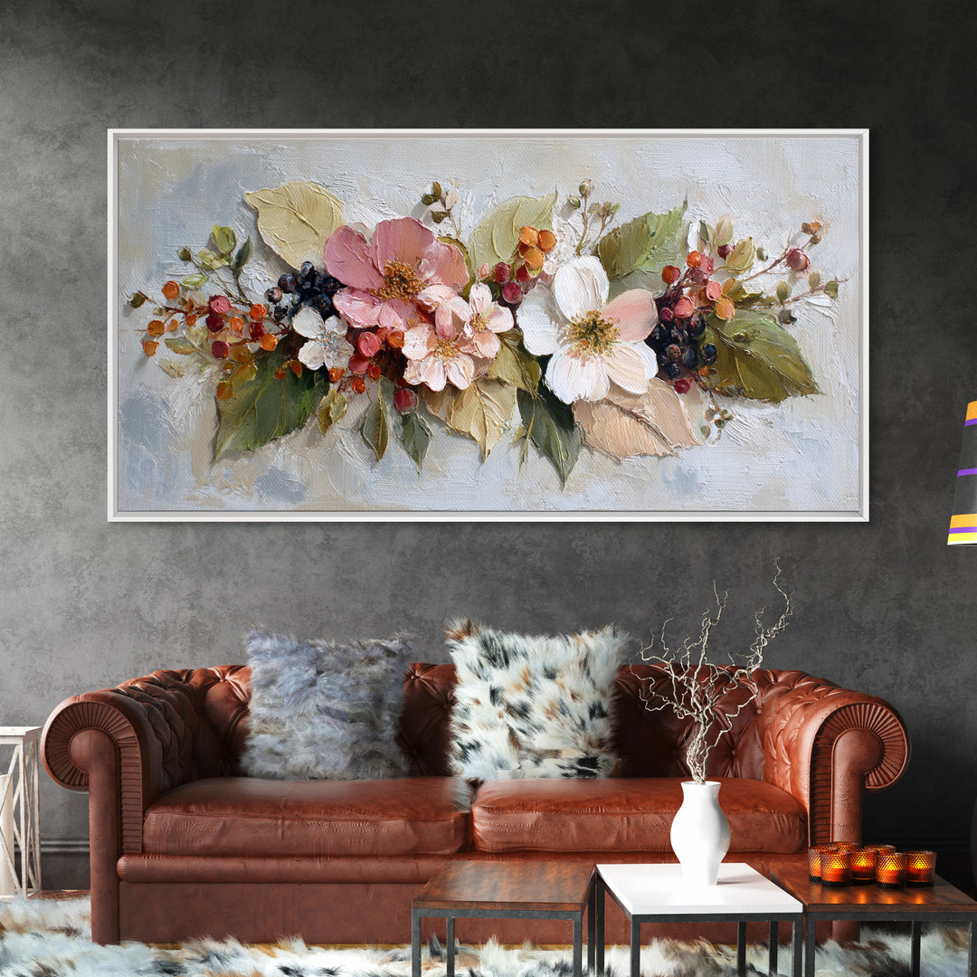 Botanical Wreath with Leaves Berries and Flowers Canvas Print, Botanical Art, Wall Art Prints, Living Room Decor, Botanic, BOT-2x1-68