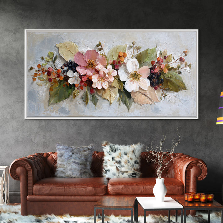 Botanical Wreath with Leaves Berries and Flowers Canvas Print, Botanical Art, Wall Art Prints, Living Room Decor, Botanic, BOT-2x1-68