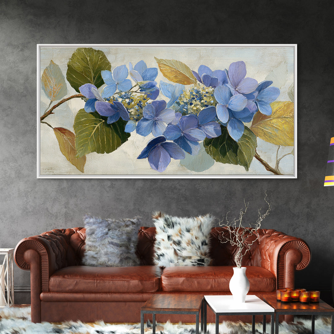 Blue Hydrangea Cluster Framed Canvas Print, Botanical Art, Art Print, Living Room Decor, Fine Art, Botanic, Digital Print, BOT-2x1-86