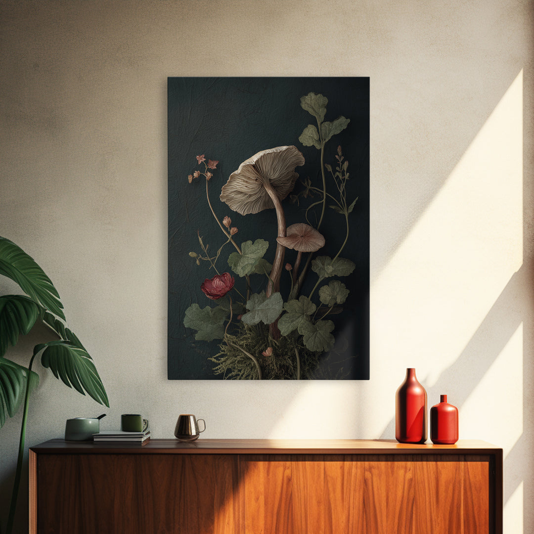 Mushrooms and Moss Botanical Field Study Framed Canvas Print, Botanical Art, Oil Painting, Living Room Decor, Fine Art, Botanic, BOT-2x3-17