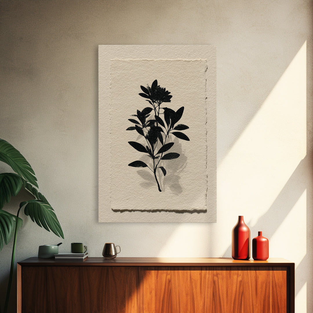 Black Ink Botanical Silhouette on Cream Paper Canvas Print, Botanical Art, Living Room Decor, Watercolor Art, Botanic, BOT-2x3-29
