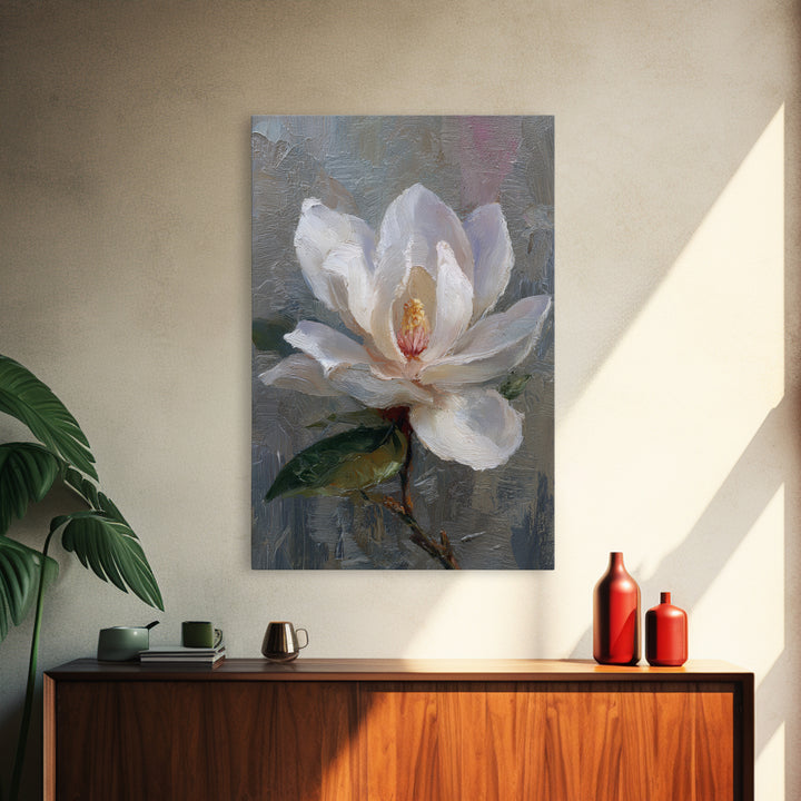 Dramatic White Magnolia on Dark Background Framed Canvas Print, Botanical Art, Art Print, Living Room Decor, Fine Art, Botanic, BOT-2x3-38