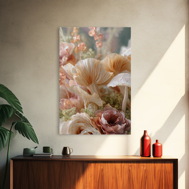 Mushrooms and Moss Botanical Field Study Framed Canvas Print, Botanical Art, Oil Painting, Living Room Decor, Fine Art, Botanic, BOT-2x3-41