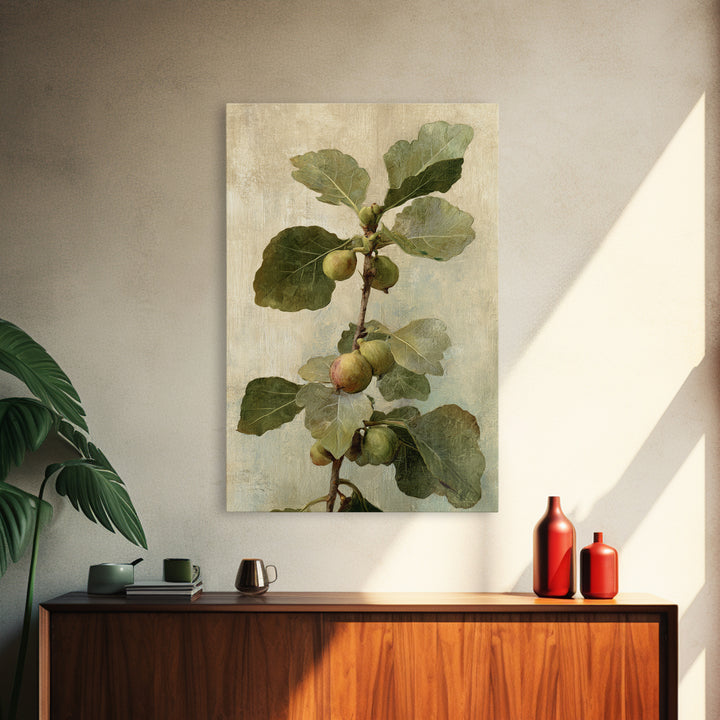 Fig Branch with Fruit and Broad Leaves Framed Canvas Print, Botanical Art, Oil Painting, Living Room Decor, Fine Art, Botanic, BOT-2x3-47