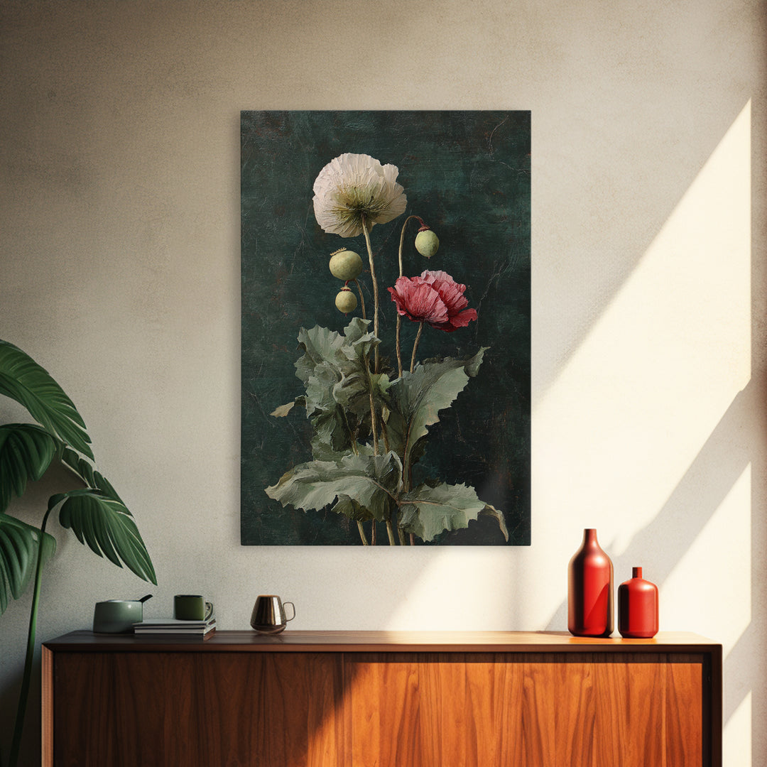 Poppy Field Botanical Study Framed Canvas Print, Botanical Art, Printable Art, Living Room Decor, Watercolor Art, Botanic, BOT-2x3-73