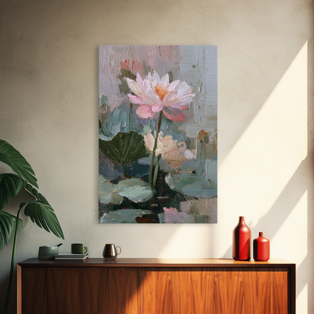 Lotus Flower and Lily Pads on Still Framed Canvas Print, Botanical Art, Living Room Decor, Watercolor Art, Botanic, BOT-2x3-75