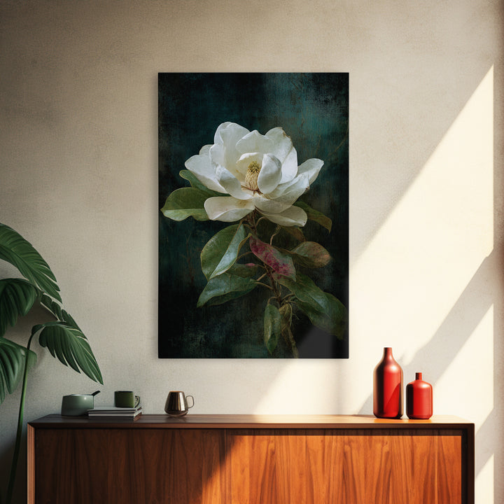 Dramatic White Magnolia on Dark Background Canvas Print, Botanical Art, Oil Painting, Living Room Decor, Fine Art, Botanic, BOT-2x3-86