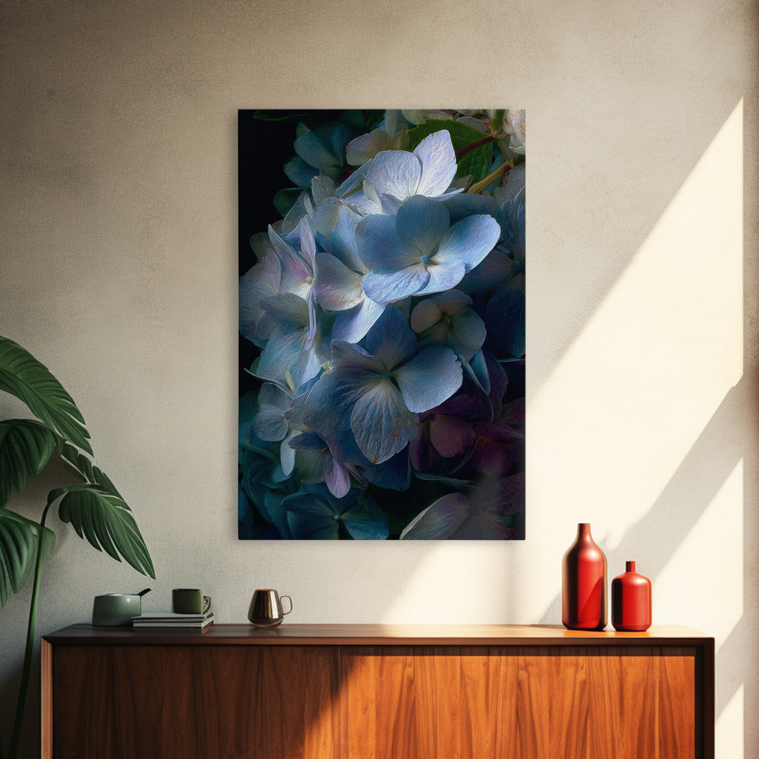 Blue Hydrangea Cluster Framed Canvas Print, Botanical Art, Wall Art Prints, Living Room Decor, Watercolor Art, Botanic, BOT-2x3-98