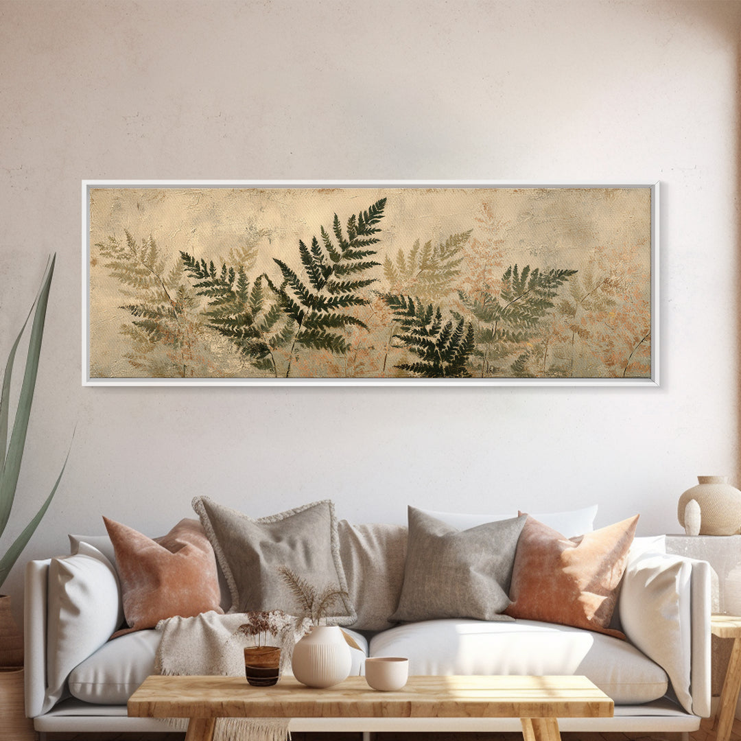 Fern Shadow Pattern on Plaster Surface Framed Canvas Print, Botanical Art, Gallery Decor, Living Room Decor, Fine Art, Botanic, BOT-3x1-15