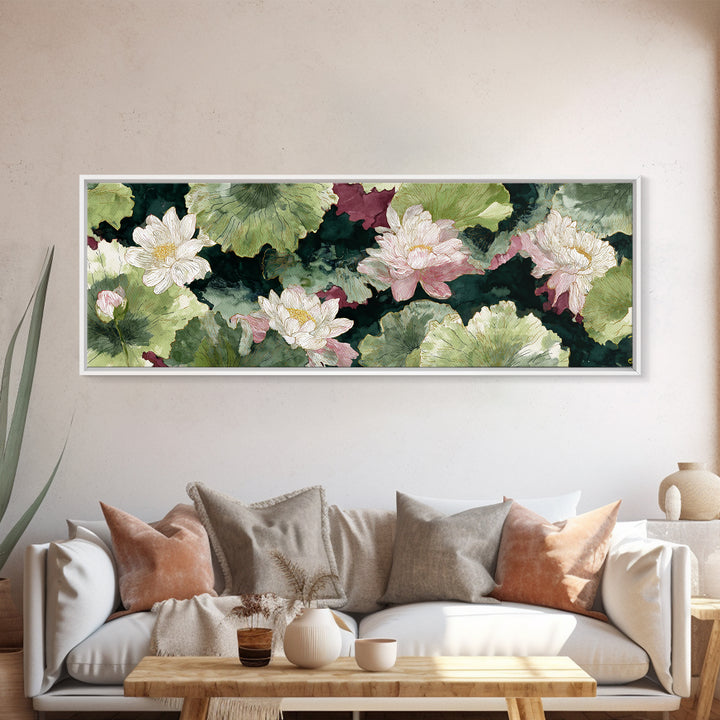 Lotus Flower and Lily Pads on Still Canvas Print, Botanical Art, Minimalist Decor, Living Room Decor, Oil Painting, Botanic, BOT-3x1-35