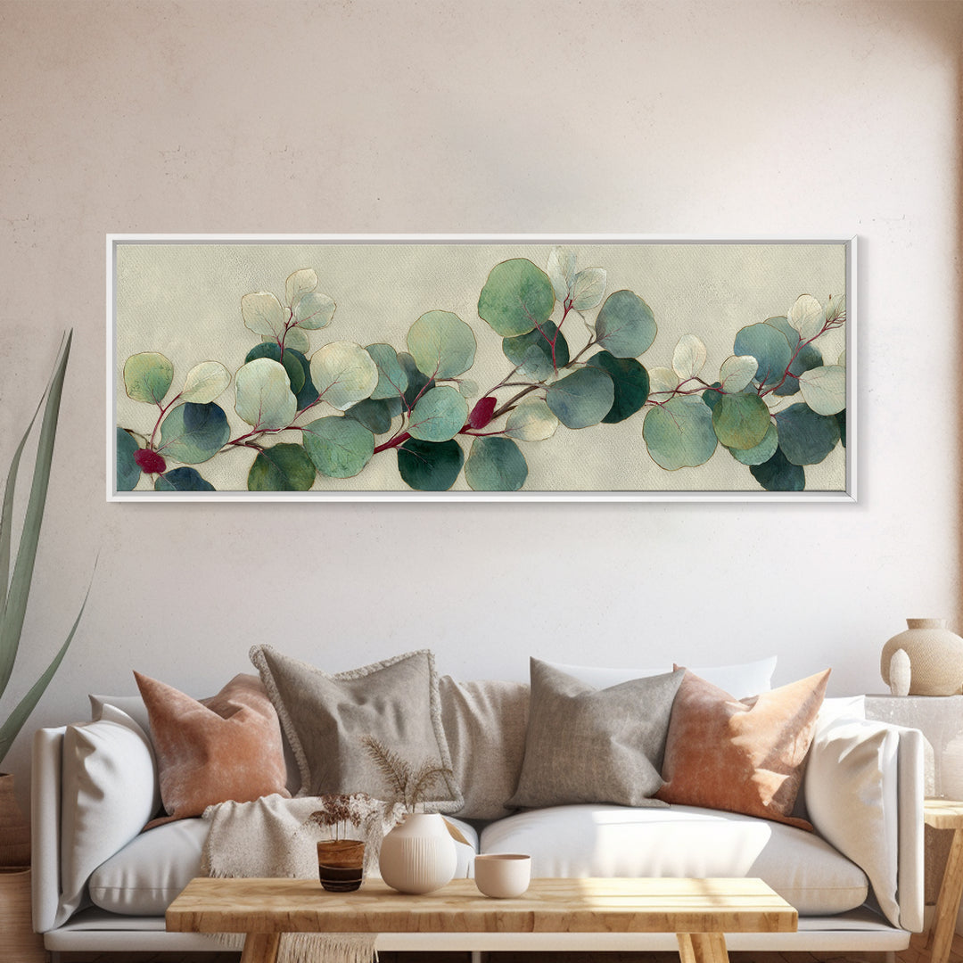 Eucalyptus Stems in Soft Sage Tones Framed Canvas Print, Botanical Art, Living Room Decor, Oil Painting, Botanic, BOT-3x1-51
