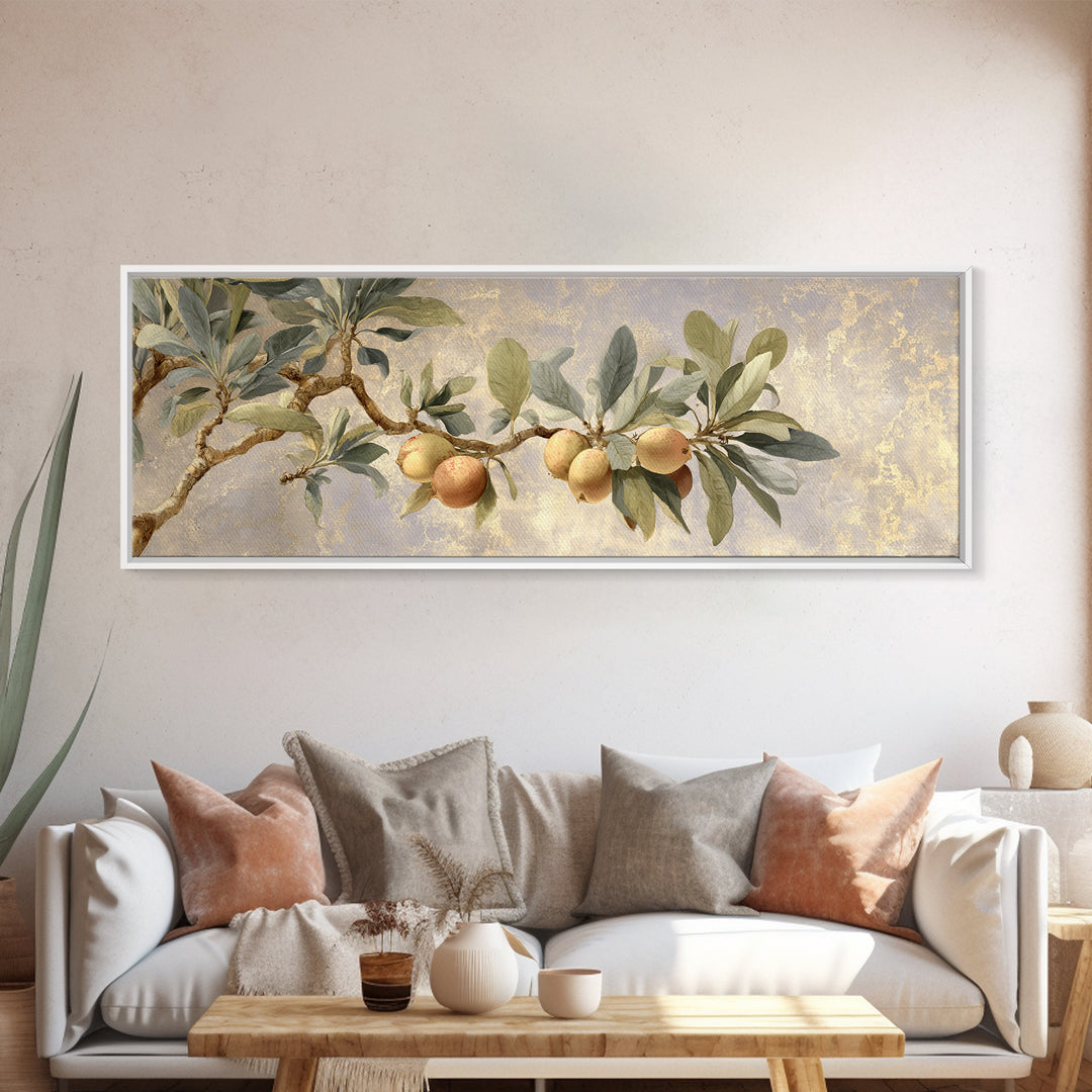 Fig Branch with Fruit and Broad Leaves Framed Canvas Print, Botanical Art, Art, Living Room Decor, Oil Painting, Botanic, BOT-3x1-55