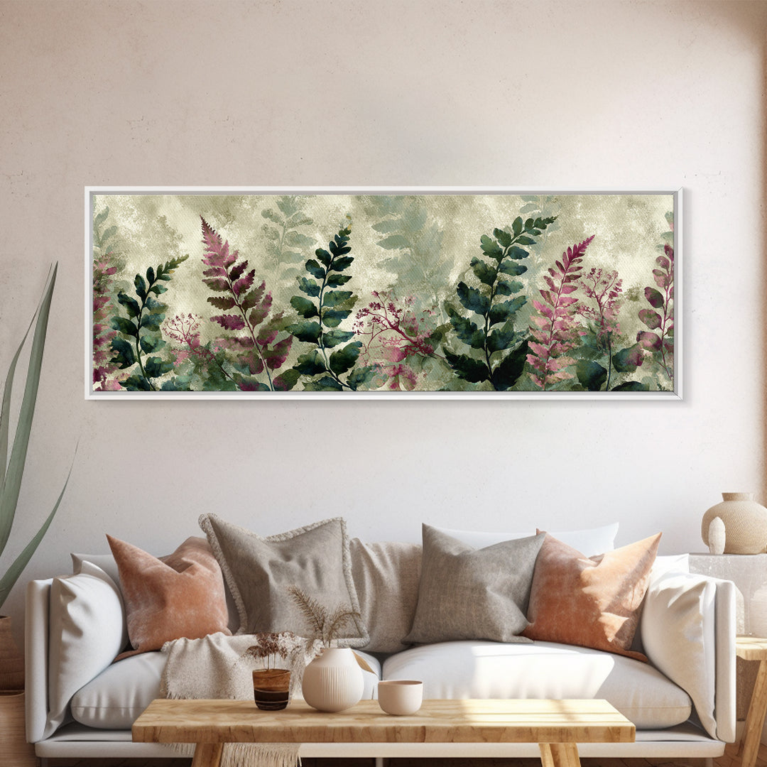 Fern Shadow Pattern on Plaster Surface Framed Canvas Print, Botanical Art, Living Room Decor, Watercolor Art, Botanic, BOT-3x1-63