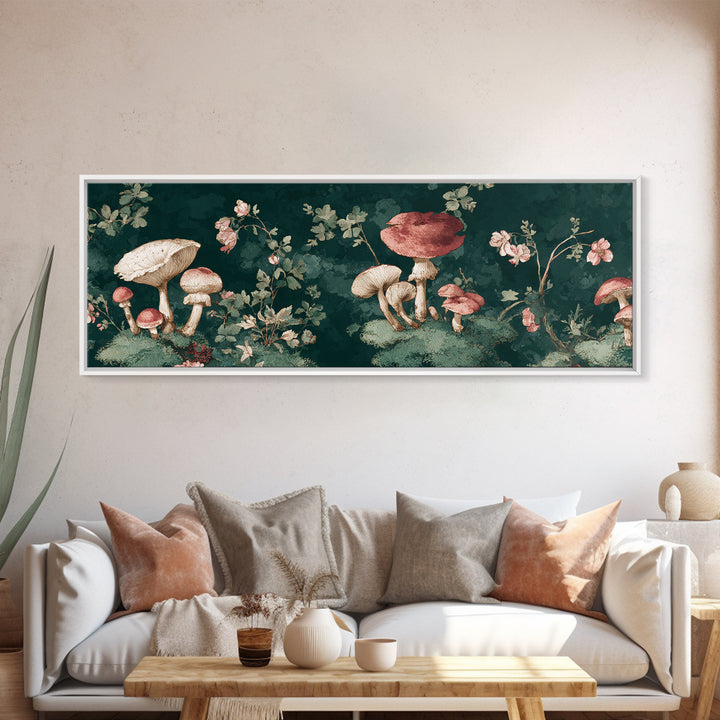 Mushrooms and Moss Botanical Field Study Framed Canvas Print, Botanical Art, Neutral Decor, Living Room Decor, Oil Painting, BOT-3x1-73