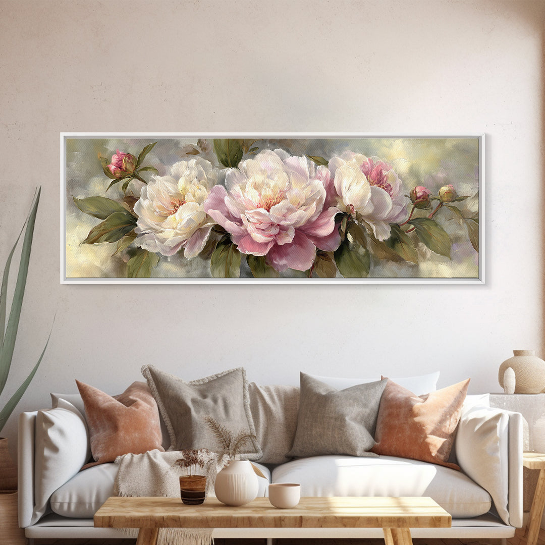Peony Bloom with Layered Romantic Petals Framed Canvas Print, Botanical Art, Living Room Decor, Botanic, Fine Art Print, BOT-3x1-74