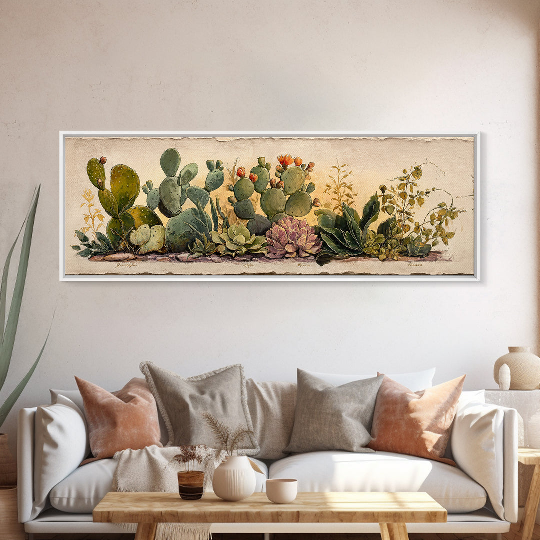 Cactus Botanical Plate Framed Canvas Print, Botanical Art, Sage Green Wall Art, Living Room Decor, Oil Painting, Botanic, BOT-3x1-77