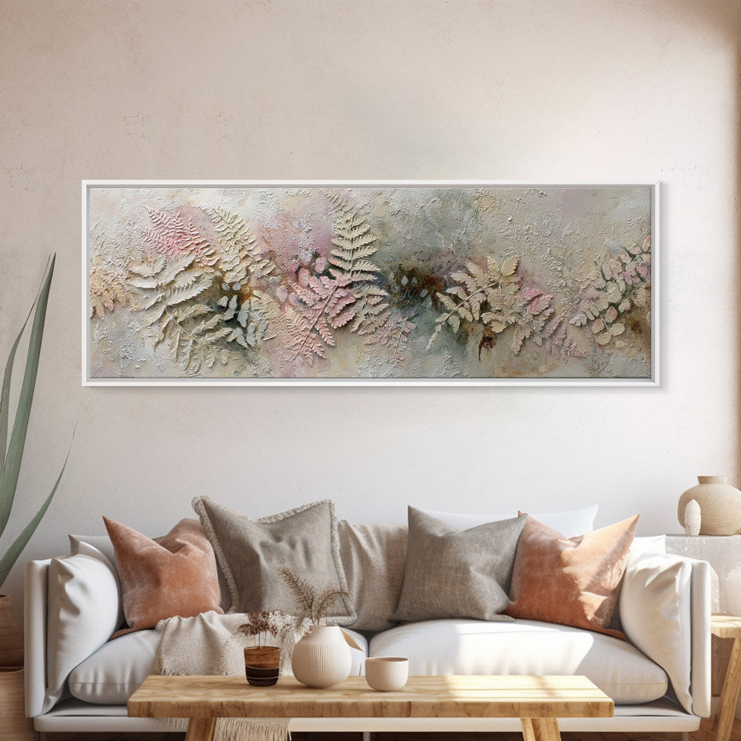 Fern Shadow Pattern on Plaster Surface Framed Canvas Print, Botanical Art, Home Gift, Living Room Decor, Fine Art, Botanic, BOT-3x1-87