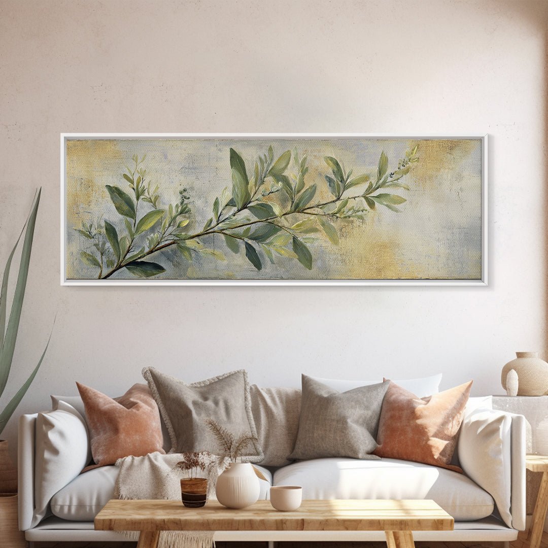 Eucalyptus Stems in Soft Sage Tones Framed Canvas Print, Botanical Art, Living Room Decor, Oil Painting, Botanic, BOT-3x1-99