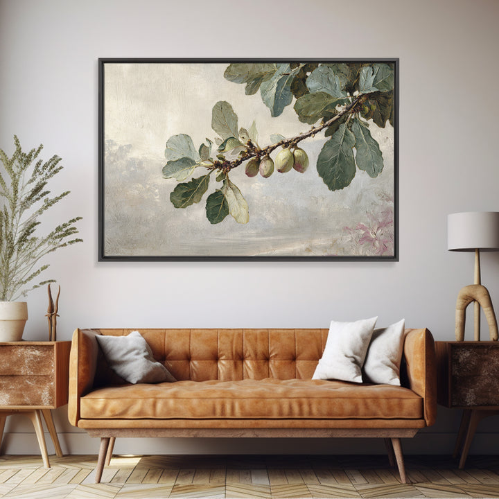 Fig Branch with Fruit and Broad Leaves Framed Canvas Print, Botanical Art, Statement Artwork, Living Room Decor, Botanic, BOT-3x2-19