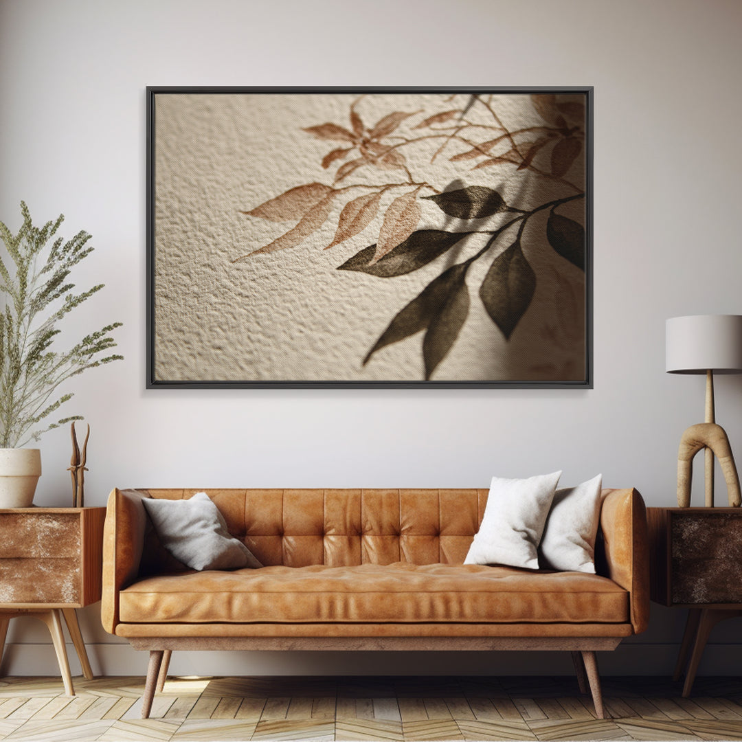 Black Ink Botanical Silhouette on Cream Paper Framed Canvas Print, Botanical Art, Modern Wall Art, Living Room Decor, Botanic, BOT-3x2-25