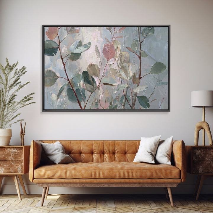 Eucalyptus Stems in Soft Sage Tones Framed Canvas Print, Botanical Art, Whimsical Decor, Living Room Decor, Oil Painting, BOT-3x2-63