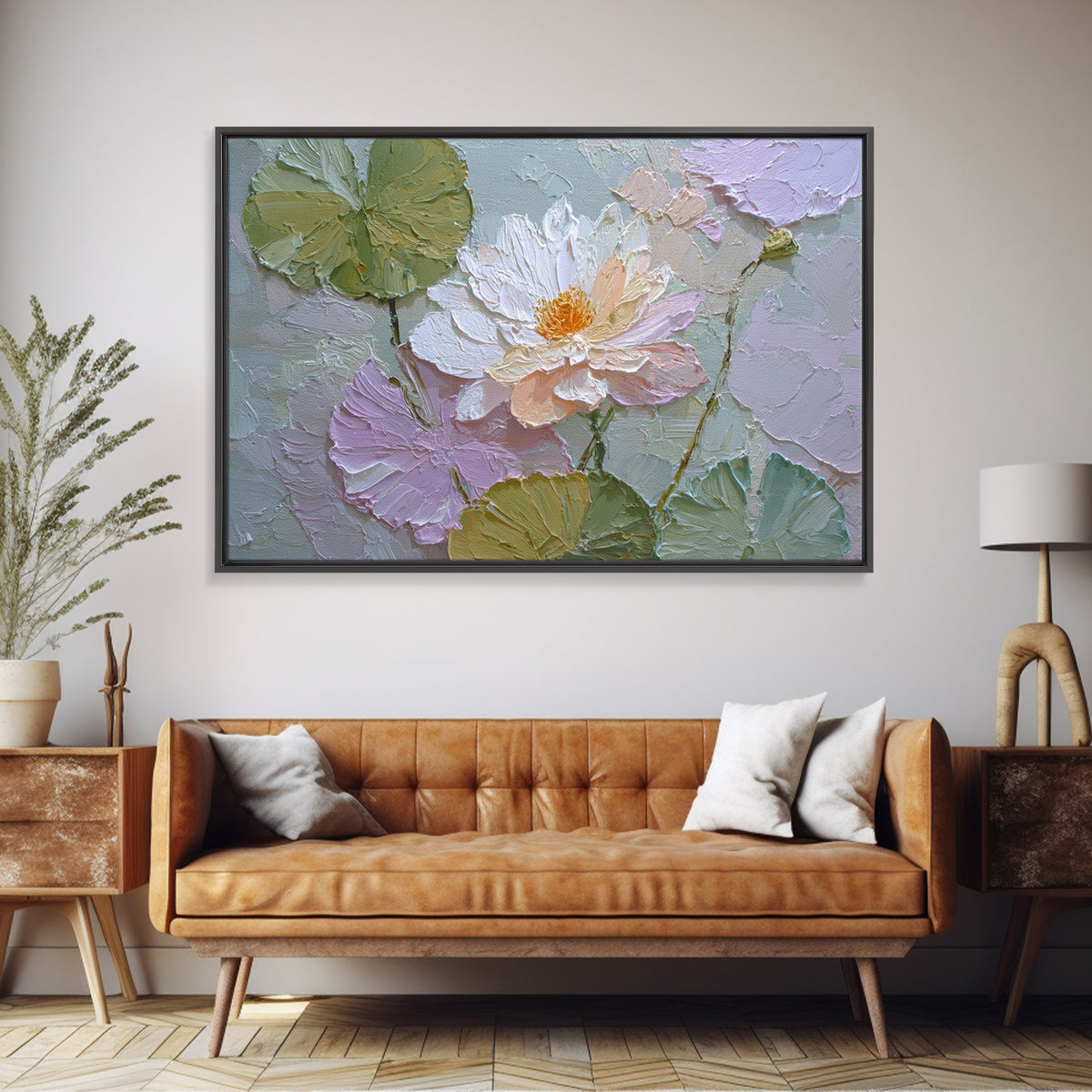 Lotus Flower and Lily Pads on Still Framed Canvas Print, Botanical Art, Living Room Wall Art, Living Room Decor, Botanic, BOT-3x2-71