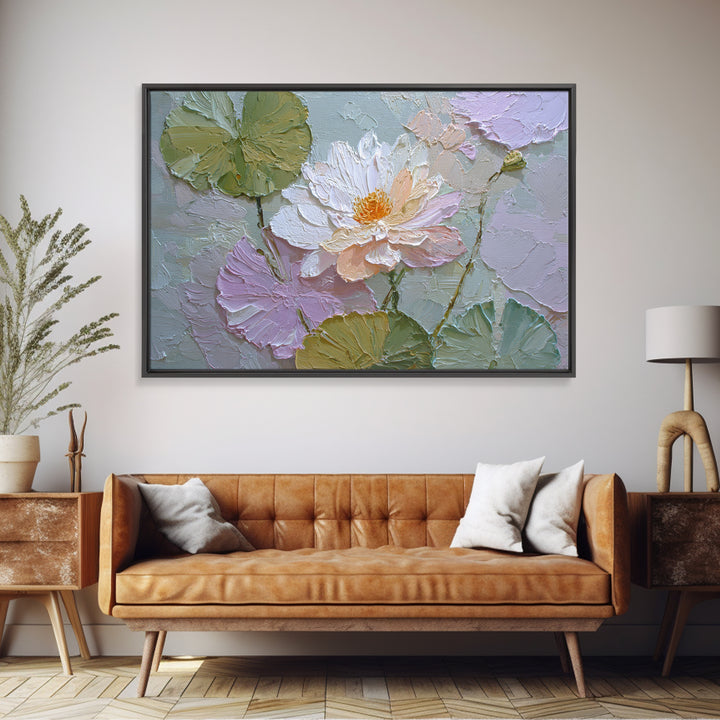 Lotus Flower and Lily Pads on Still Framed Canvas Print, Botanical Art, Living Room Wall Art, Living Room Decor, Botanic, BOT-3x2-71