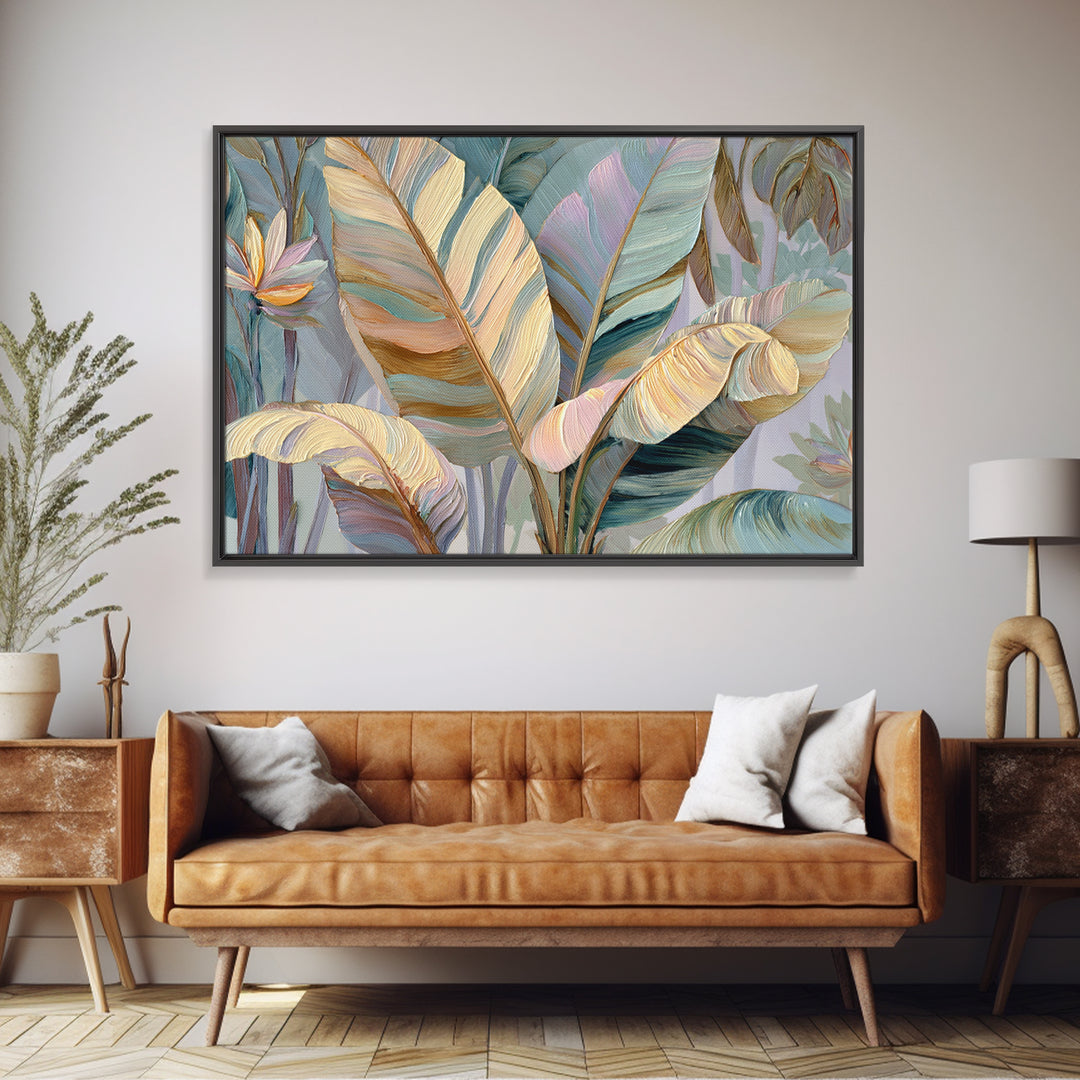 Tropical Banana Leaf Painted Canvas Print, Botanical Art, Poster, Living Room Decor, Botanic, Art Nouveau, Framed Wall Art, BOT-3x2-84