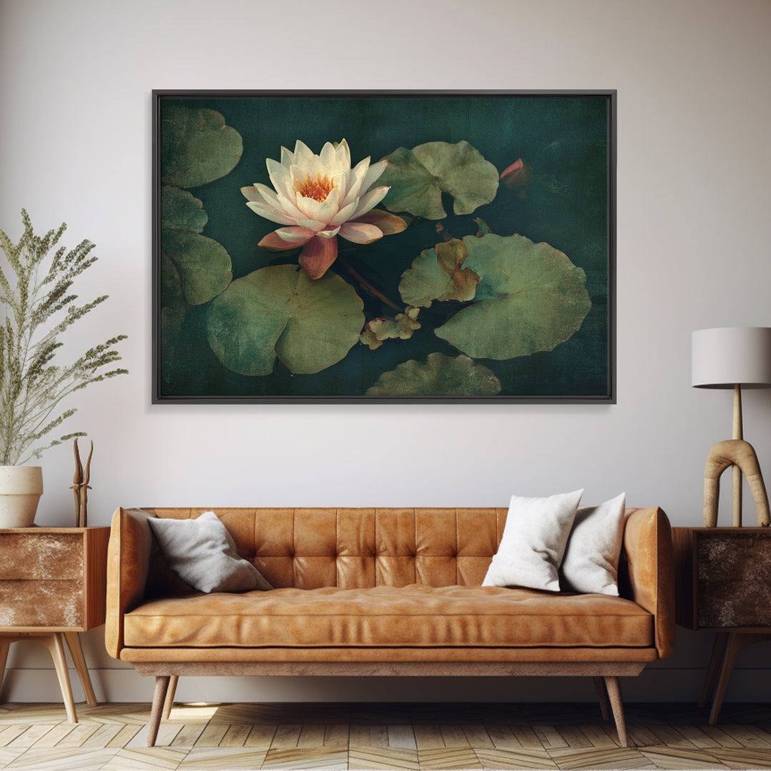Lotus Flower and Lily Pads on Still Framed Canvas Print, Botanical Art, Living Room Decor, Watercolor Art, Botanic, BOT-3x2-95