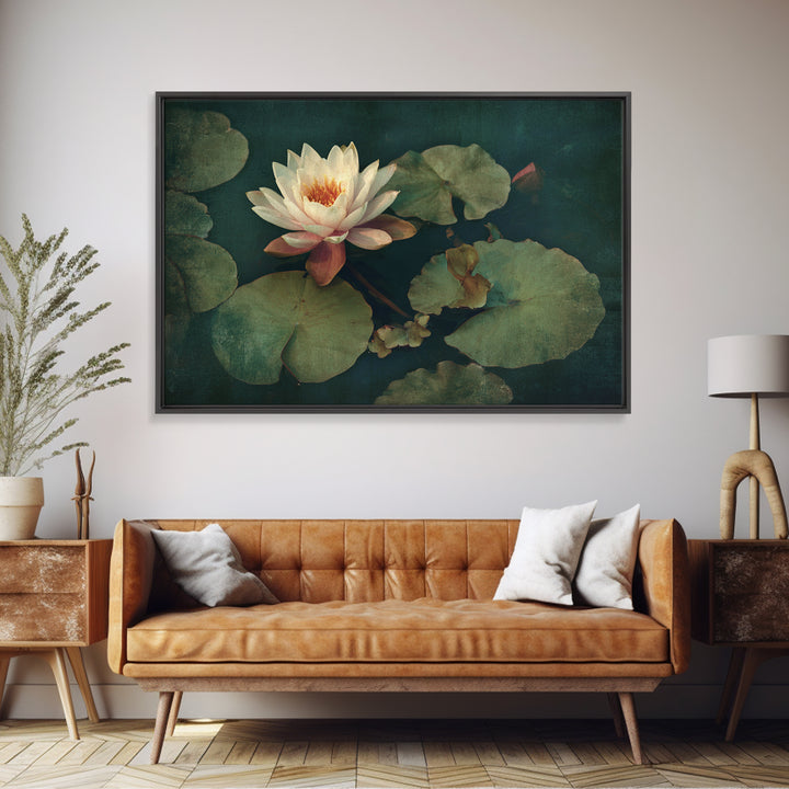Lotus Flower and Lily Pads on Still Framed Canvas Print, Botanical Art, Living Room Decor, Watercolor Art, Botanic, BOT-3x2-95
