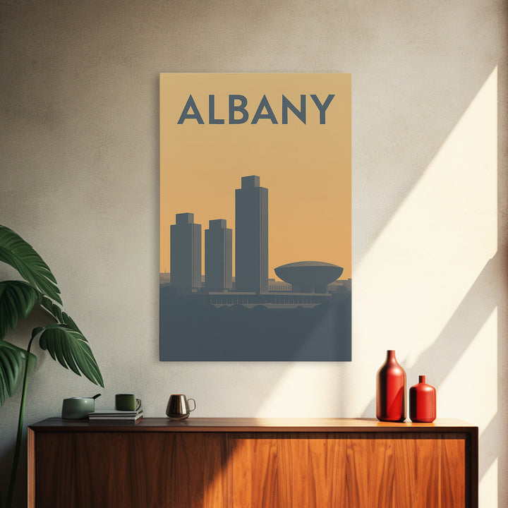 Albany New York Travel Poster, Framed Canvas Print, Sunset Skyline Wall Art, Albany Poster Print, Retro Travel Print, Living Room Wall Art