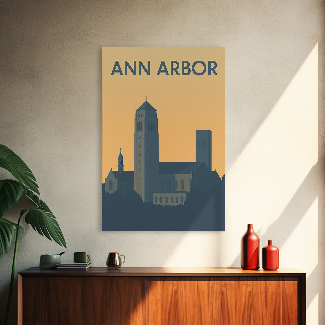 Ann Arbor Travel Poster, Framed Canvas Print, Sunset Skyline Wall Art, Ann Arbor Wall Art, Travel Wall Art, City Illustration, Wall Art
