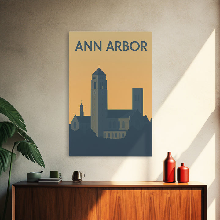 Ann Arbor Travel Poster, Framed Canvas Print, Sunset Skyline Wall Art, Ann Arbor Wall Art, Travel Wall Art, City Illustration, Wall Art
