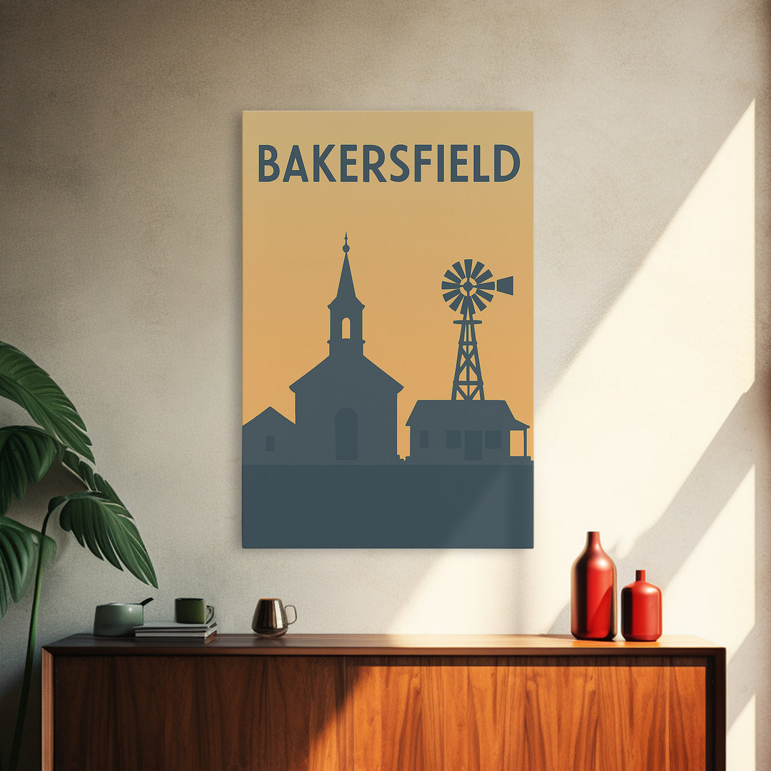 Bakersfield Travel Poster, Framed Canvas Print, Sunset Skyline Wall Art, Bakersfield Wall Art, Wanderlust Decor, Travel Wall Decor