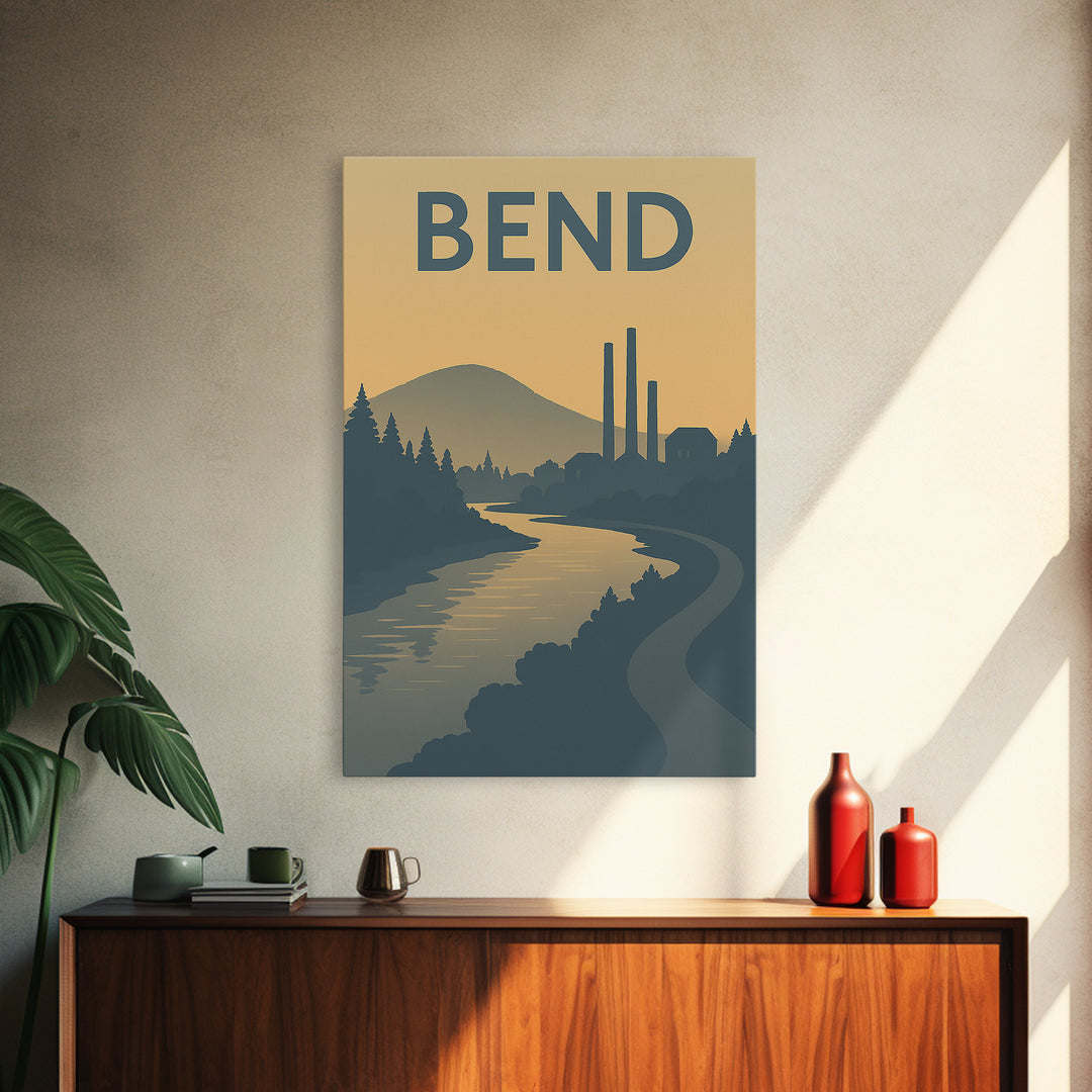 Bend Oregon Travel Poster, Canvas Print, Minimalist Retro Wall Art, Bend Wall Art, Wanderlust Decor, Gift For Travelers, City Art Print