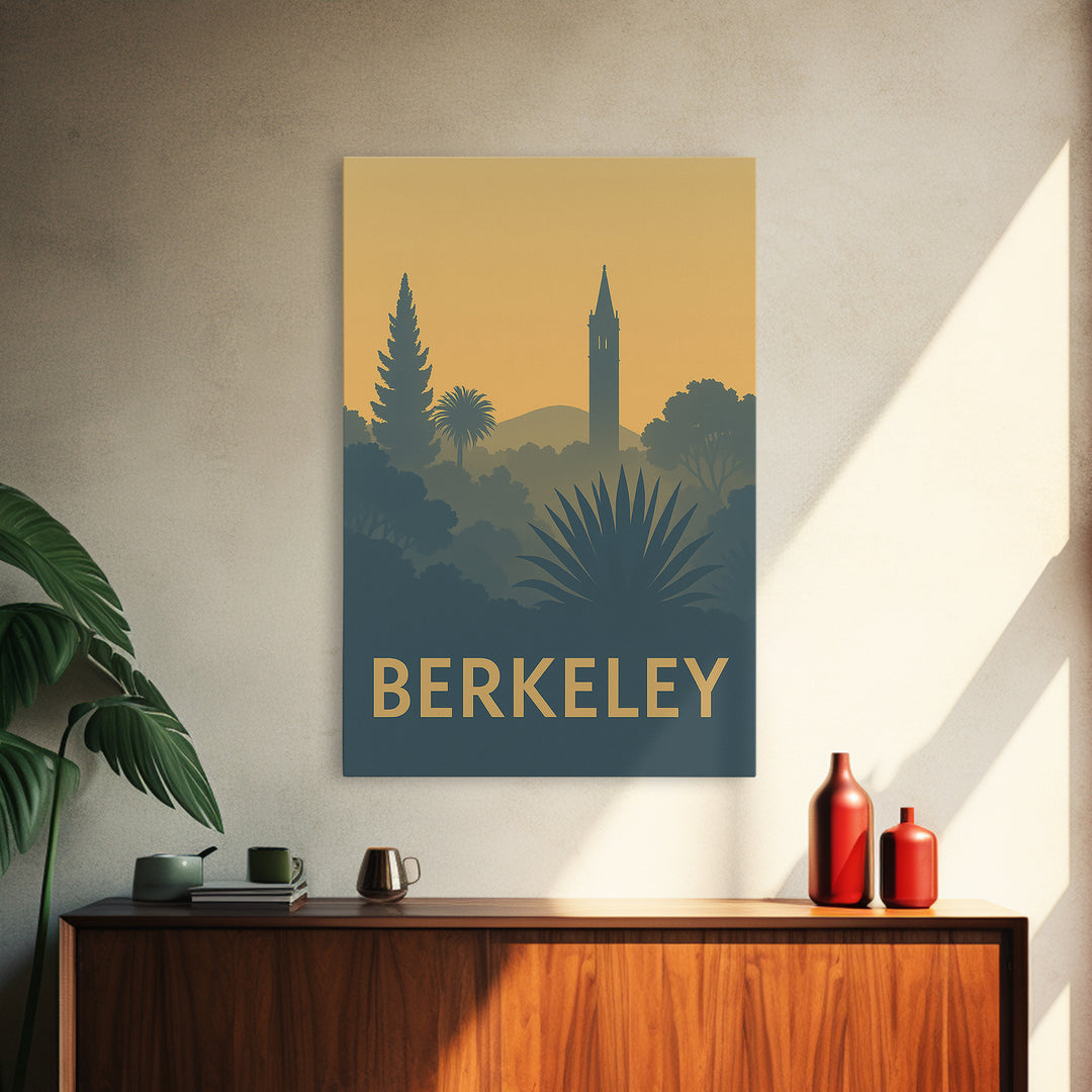 Berkeley Travel Poster, Framed Canvas Print, Sunset Skyline Wall Art, Berkeley City Art, Mid Century Wall Art, Vintage City Poster