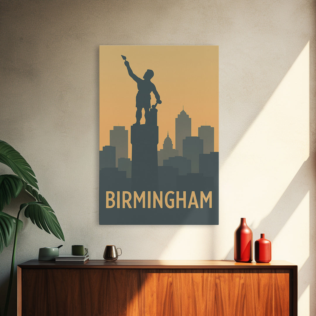 Birmingham Travel Poster, Framed Canvas Print, Sunset Skyline Wall Art, Birmingham Poster Print, City Art Print, Vintage City Art