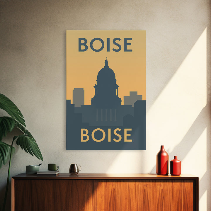 Boise Travel Poster, Framed Canvas Print, Minimalist Retro Wall Art, Boise City Art, City Travel Prints, City Illustration, Retro Poster