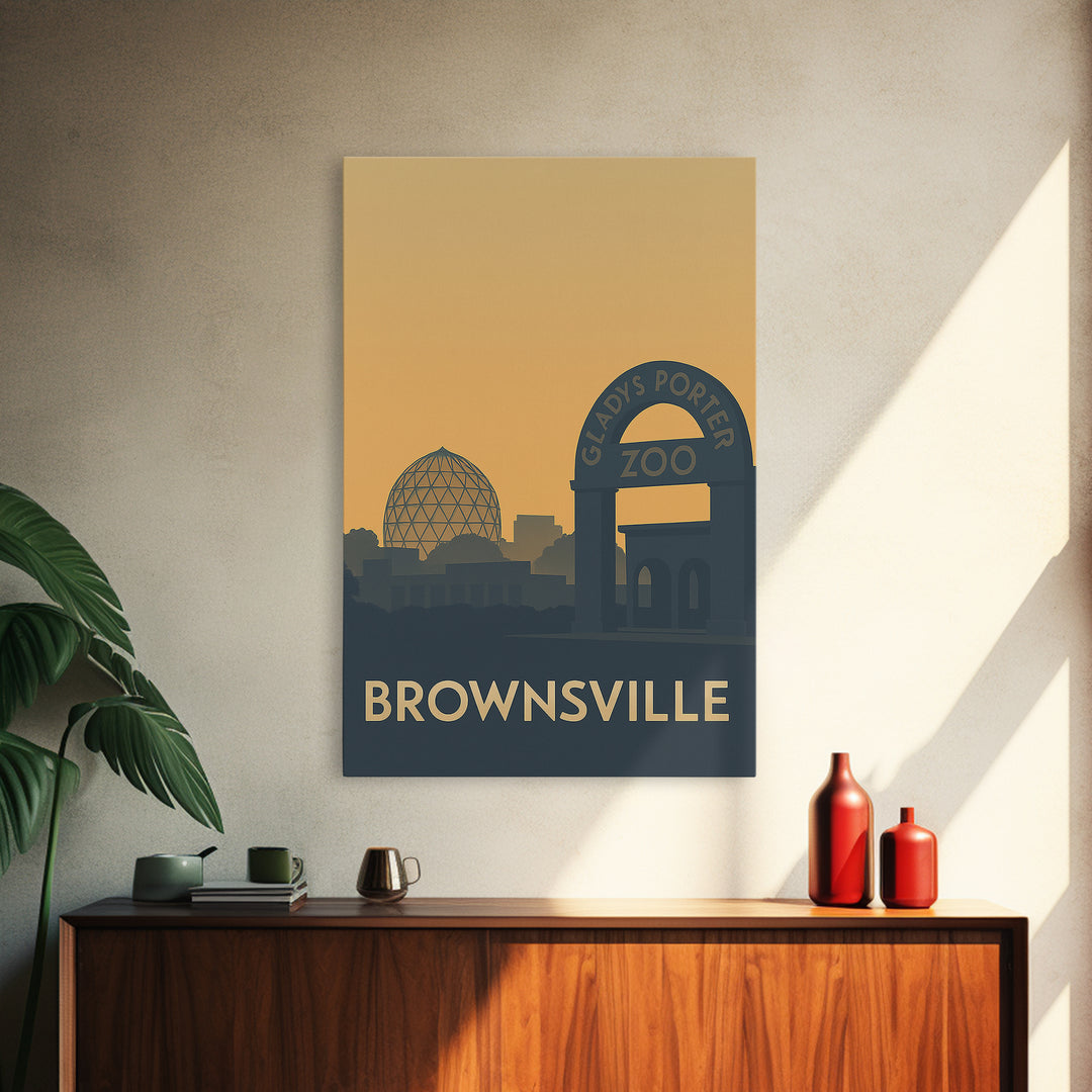 Brownsville Texas Travel Poster, Framed Canvas Print, Sunset Skyline Wall Art, Brownsville Travel Art, Travel Art Print, Home Office Decor