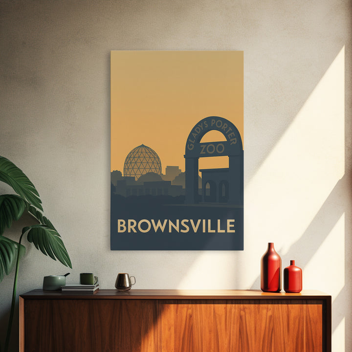 Brownsville Texas Travel Poster, Framed Canvas Print, Sunset Skyline Wall Art, Brownsville Travel Art, Travel Art Print, Home Office Decor