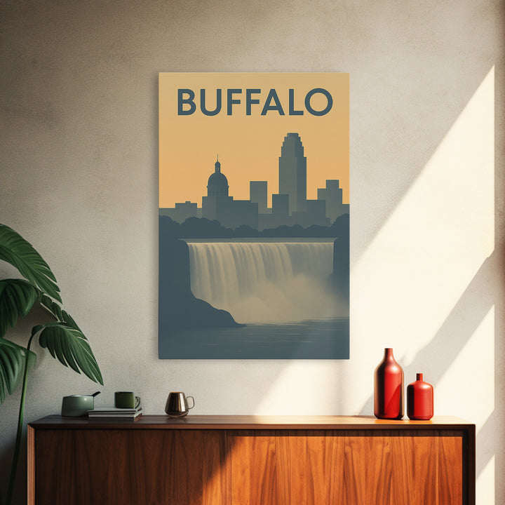 Buffalo Travel Poster, Framed Canvas Print, Sunset Skyline Wall Art, Buffalo Wall Art, Retro Travel Print, Wanderlust Decor, Poster Print