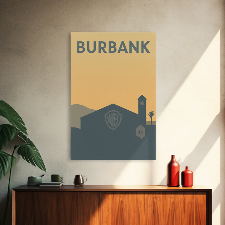 Burbank Travel Poster, Canvas Print, Minimalist Retro Wall Art, Burbank Wall Art, Living Room Wall Art, City Illustration, Travel Art Print