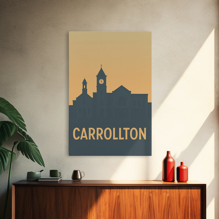 Carrollton Texas Travel Poster, Framed Canvas Print, Mid Century Travel Art, Carrollton Poster Print, City Travel Prints, Home Office Decor