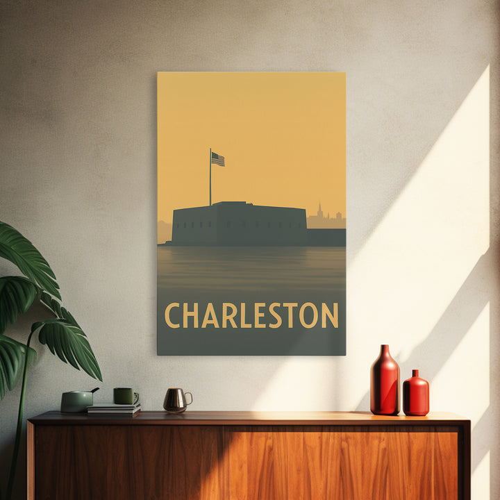 Charleston Travel Poster, Framed Canvas Print, Sunset Skyline Wall Art, Charleston City Art, Home Office Decor, Wanderlust Decor