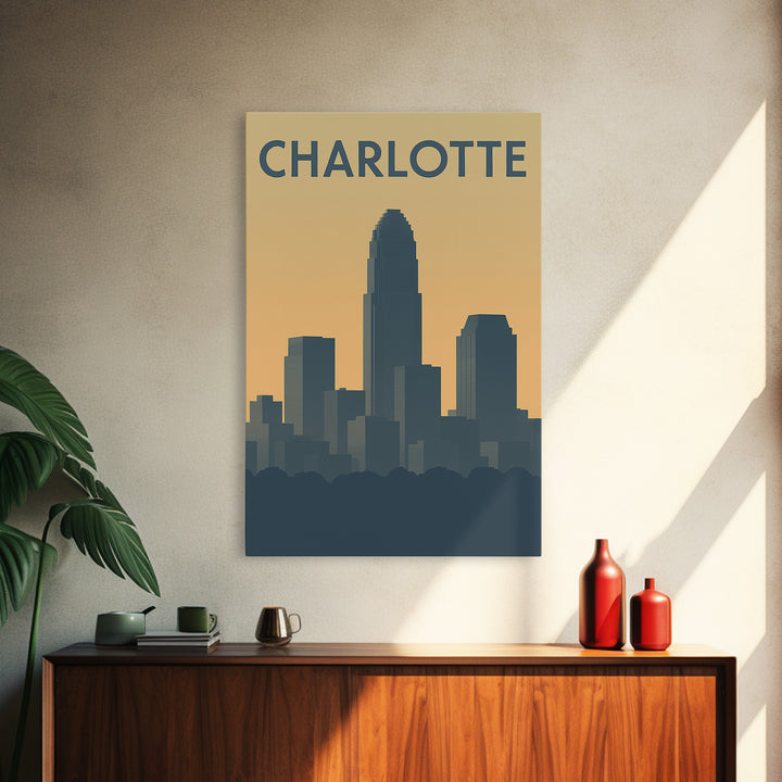 Charlotte North Carolina Travel Poster, Canvas Print, Sunset Skyline Wall Art, Charlotte Art Print, Watercolor Urban Skyline, Travel Art