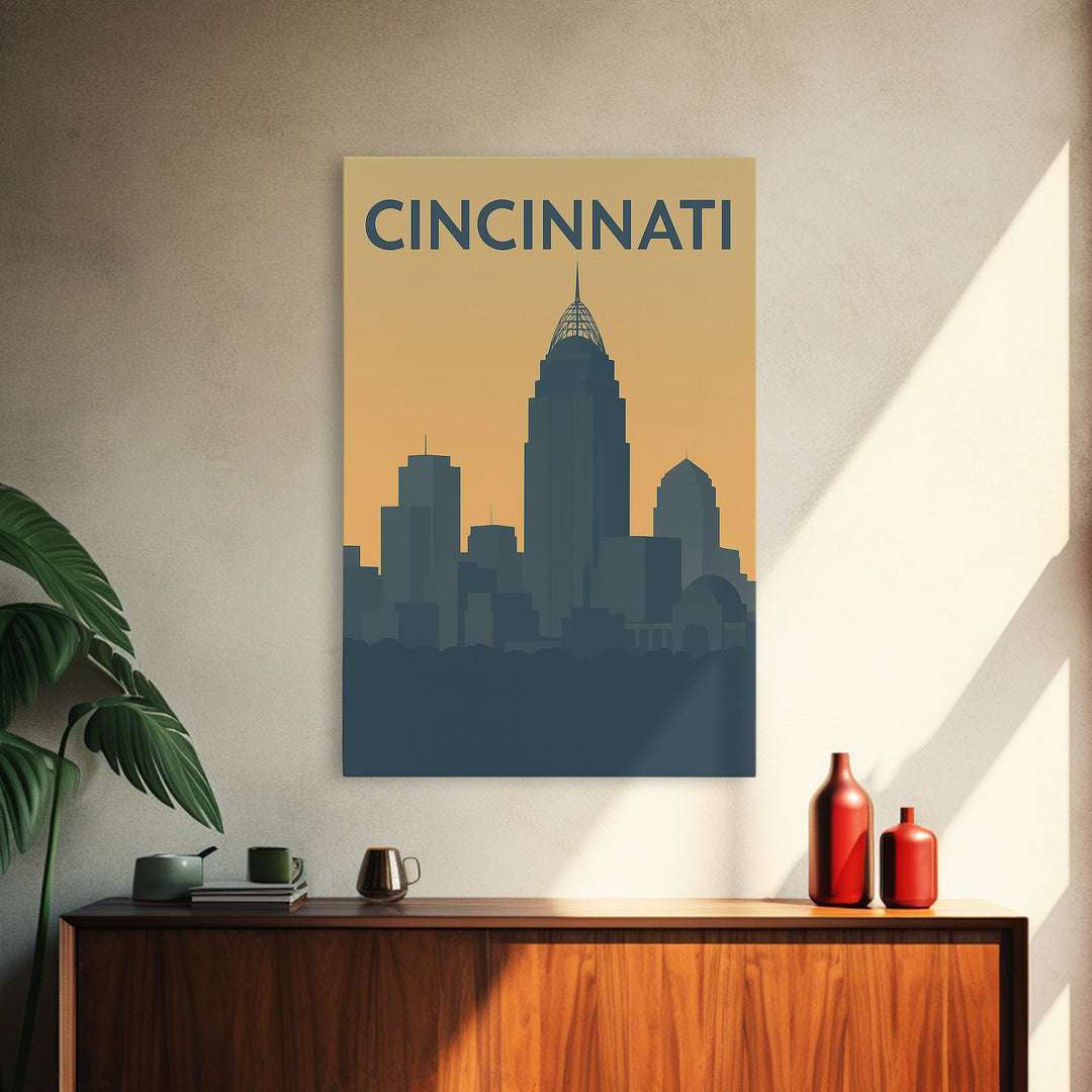 Cincinnati Ohio Travel Poster, Framed Canvas Print, Sunset Skyline Wall Art, Cincinnati Poster Print, Retro Travel Print, Home Office Decor